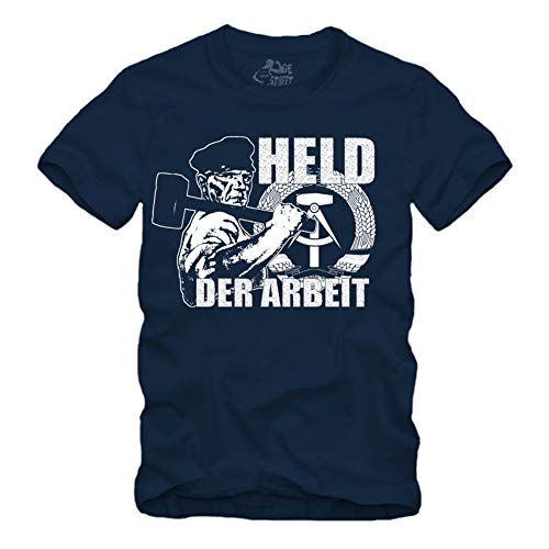 Held der Arbeit - T-Shirt Helden Hammer Und Zirkel Arbeiten DDR Orden Banner Ostalgie Ostdeutschland (XL, Navy) von gestofft
