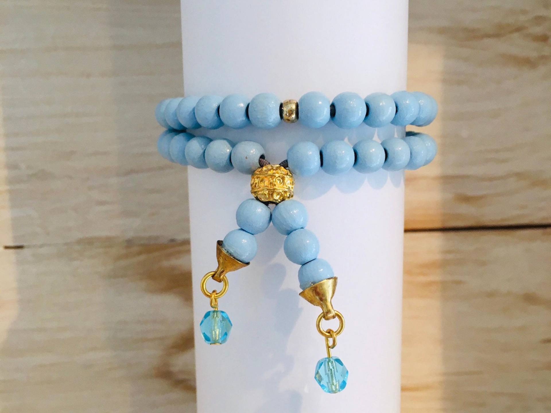 Armband Wickelarmband Holzperlen, Hellblau, Silberperlen Vergoldet, Glasperlen, Größe 16 - 19 cm, Dehnbar von gesuchtgefunden