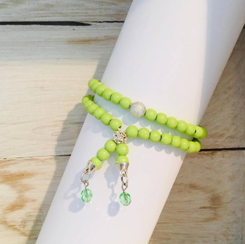 Armband Wickelarmband Holzperlen, Hellgrün, Silberperlen Und Glasperlen, Länge 16 - 19 cm, Dehnbar von gesuchtgefunden