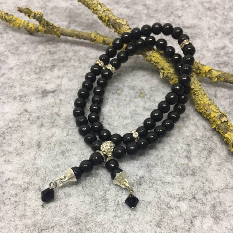 Armband Wickelarmband Holzperlen, Schwarz, Silberperlen Und Glasperlen, Länge 16 - 19 cm, Dehnbar von gesuchtgefunden