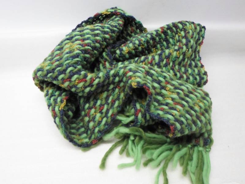 Schal, Handgewebt, 100 % Wolle, Länge 150 cm, Breite 24 Grün, Blau, Rot, Gelb, Unikat von gesuchtgefunden