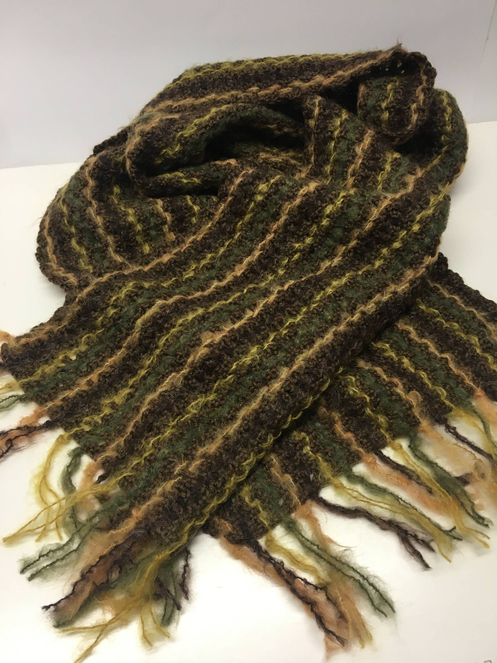 Schal, Handgewebt, Mohair, Wolle, Länge 150 cm, Breite 32 Braun-Grün-Gelb-Töne, Unikat von gesuchtgefunden