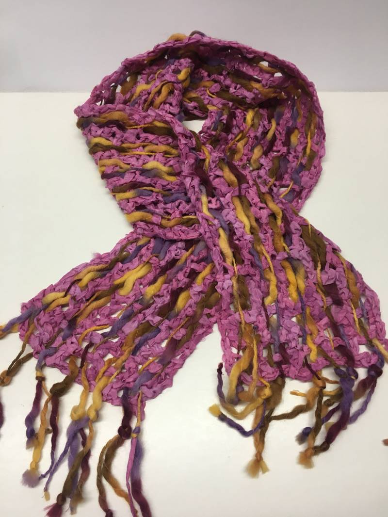 Schal, Handgewebt, Seide, Kunstfaser, Länge 110 cm, Breite 13 Rosa, Braun Und Pink, Unikat von gesuchtgefunden