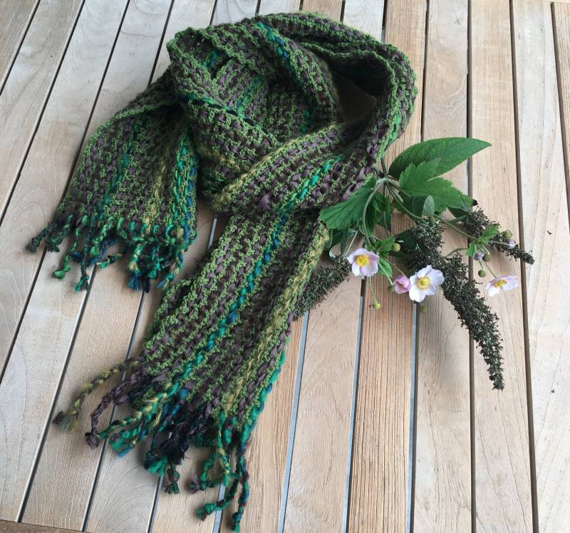 Schal, Handgewebt, Seide, Mohair, Wolle, Länge 158 cm, Breite 26 Verschiedene Grüntöne Und Braun, Unikat von gesuchtgefunden