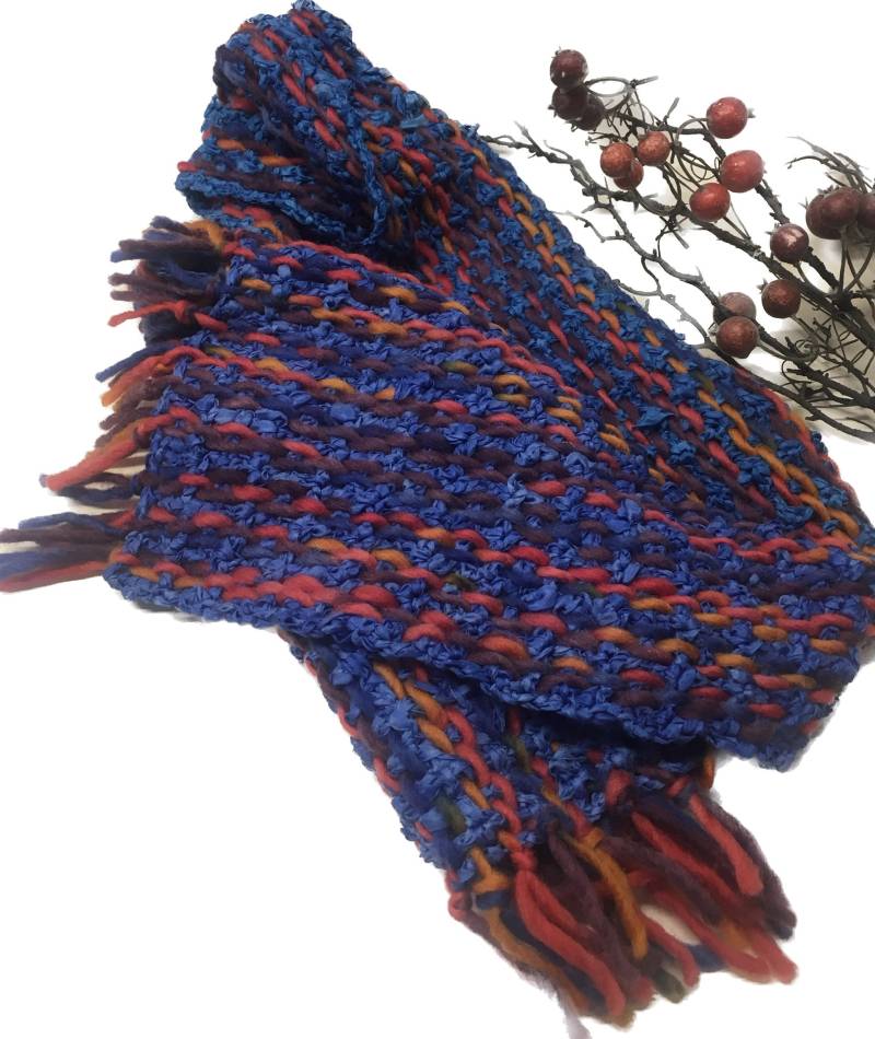 Schal, Handgewebt, Seide Und Wolle, Länge 140 cm, Breite 27 Blau, Orange, Unikat von gesuchtgefunden