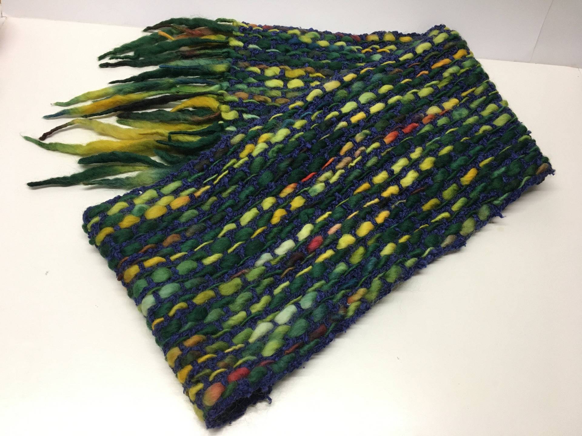 Schal, Handgewebt, Wolle, Baumwolle, Länge 165 cm, Breite 22 Blau, Grün, Unikat von gesuchtgefunden