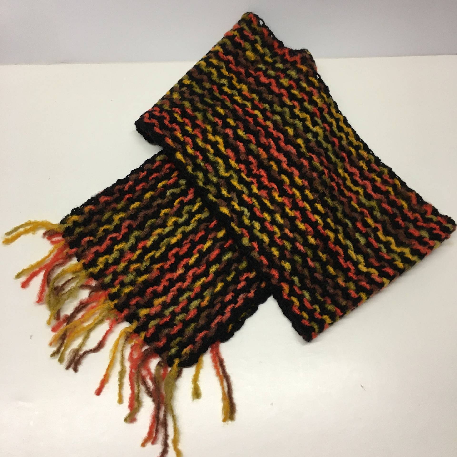 Schal, Handgewebt, Wolle, Kunstfaser, Länge 150 cm, Breite 20 Schwarz, Orange, Gelb Und Braun, Unikat von gesuchtgefunden