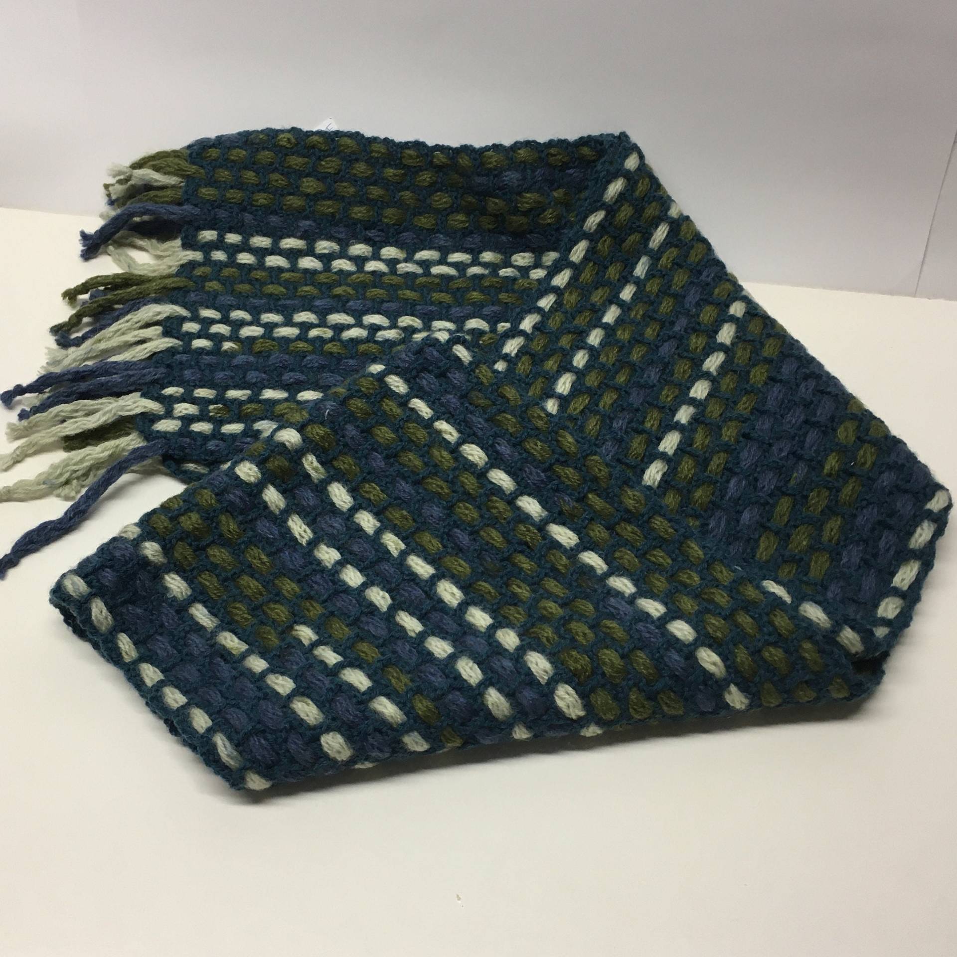 Schal, Handgewebt, Wolle, Mohair, Länge 160 cm, Breite 24 Blau, Olivgrün, Grau, Unikat von gesuchtgefunden