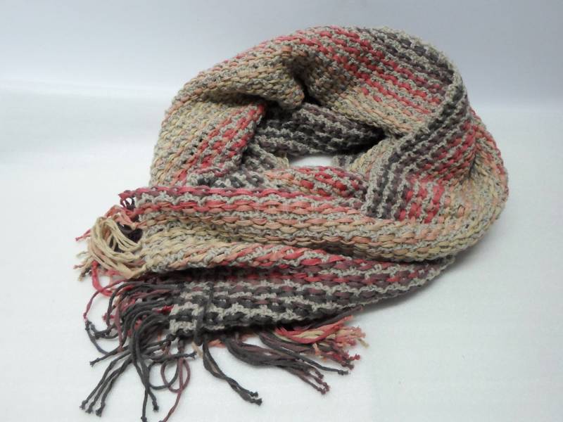 Schal, Handgewebt, Wolle Und Baumwolle, Länge 165 cm, Breite 24 Beige, Rot Grau, Unikat von gesuchtgefunden