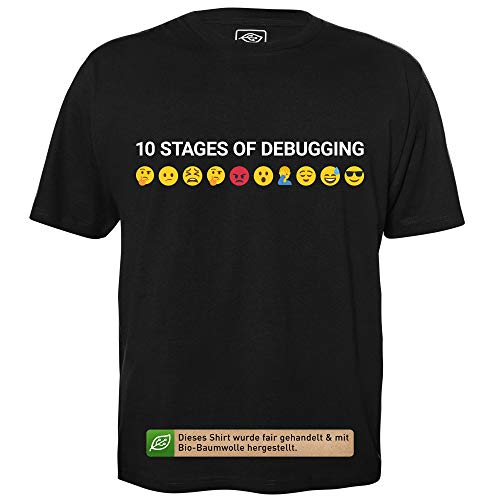 10 Stages of Debugging - Herren T-Shirt für Geeks mit Spruch Motiv aus Bio-Baumwolle Kurzarm Rundhals Ausschnitt, Größe XL von getDigital
