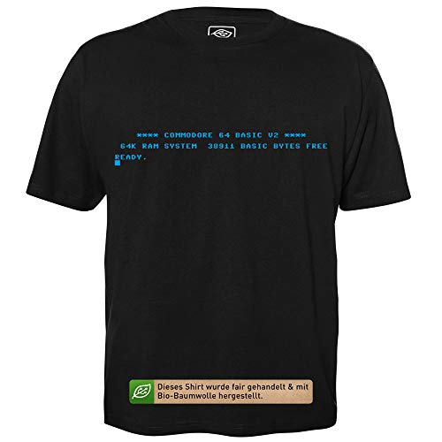 C64 Startbildschirm - Herren T-Shirt für Geeks mit Spruch Motiv aus Bio-Baumwolle Kurzarm Rundhals Ausschnitt, Größe L von getDigital