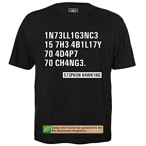 Intelligence - Stephen Hawking Zitat - Herren T-Shirt für Geeks mit Spruch Motiv aus Bio-Baumwolle Kurzarm Rundhals Ausschnitt, Größe 4XL von getDigital