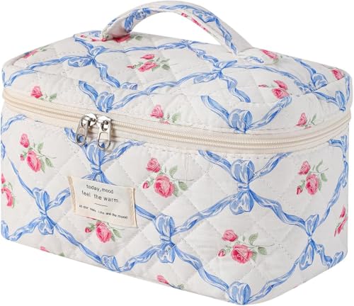 3-teiliges großes, gestepptes Make-up-Taschen-Set | niedliche Kosmetiktaschen mit Blumenmuster aus Baumwolle für Damen und Mädchen | ästhetischer Reise-Kulturbeutel (3 rosa Schleifen), 02 blaue von getuse