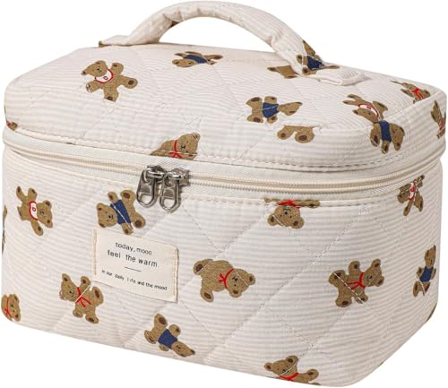3-teiliges großes, gestepptes Make-up-Taschen-Set | niedliche Kosmetiktaschen mit Blumenmuster aus Baumwolle für Damen und Mädchen | ästhetischer Reise-Kulturbeutel (3 rosa Schleifen), 03 gestreifte von getuse