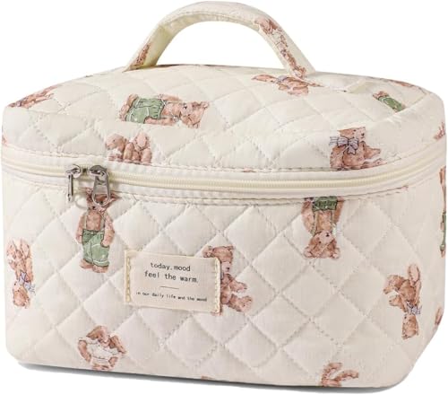 3-teiliges großes, gestepptes Make-up-Taschen-Set | niedliche Kosmetiktaschen mit Blumenmuster aus Baumwolle für Damen und Mädchen | ästhetischer Reise-Kulturbeutel (3 rosa Schleifen), 06 weiße Bären von getuse