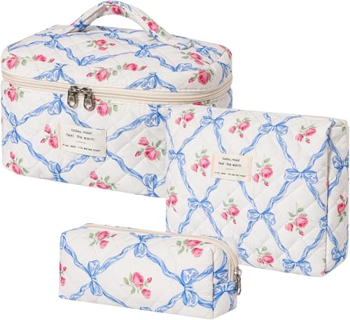 3-teiliges großes, gestepptes Make-up-Taschen-Set | niedliche Kosmetiktaschen mit Blumenmuster aus Baumwolle für Damen und Mädchen | ästhetischer Reise-Kulturbeutel (3 rosa Schleifen), 3 x blaue von getuse