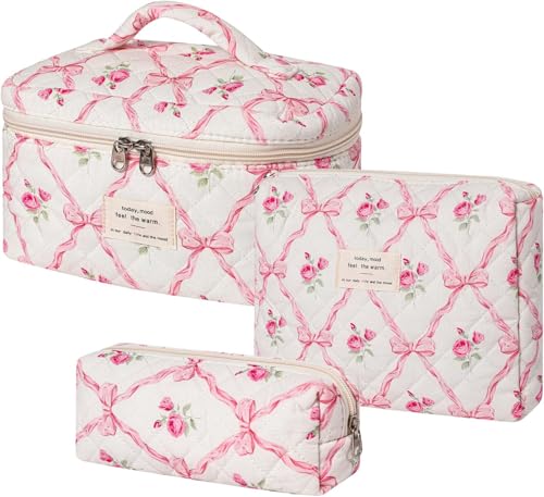 3-teiliges großes, gestepptes Make-up-Taschen-Set | niedliche Kosmetiktaschen mit Blumenmuster aus Baumwolle für Damen und Mädchen | ästhetischer Reise-Kulturbeutel (3 rosa Schleifen), 3 x rosa von getuse