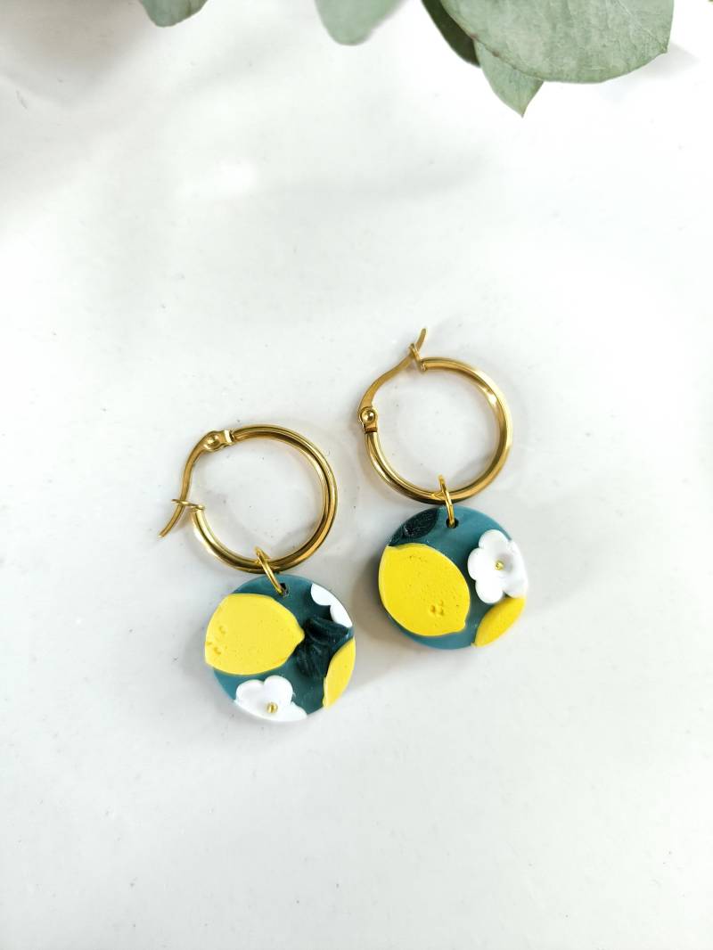 Zitronen Ohrringe/statement-Ohrringe Mit Sommerliche Creolen Sommer Ohrschmuck/ Handgemacht Aus Polymer Clay von gewerkeltes