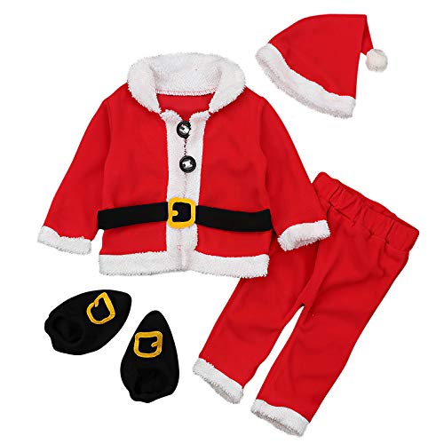 amropi Baby Jungen Weihnachten Santa Mäntel Tops + Hosen + Hüte + Socken 4Pcs Warme Bekleidungssets (Rot&Weiß,12-18 Monate) von amropi