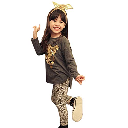 ggudd Mädchen Leopard Gedruckt Langarm T-shirts und Leggings Hosen Bekleidungssets (Grau,5-6 Jahre) von ggudd