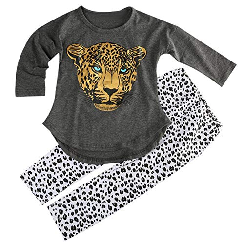 ggudd Mädchen Leopard Gedruckt Langarm T-shirts und Leggings Hosen Bekleidungssets (Grau,6-7 Jahre) von ggudd