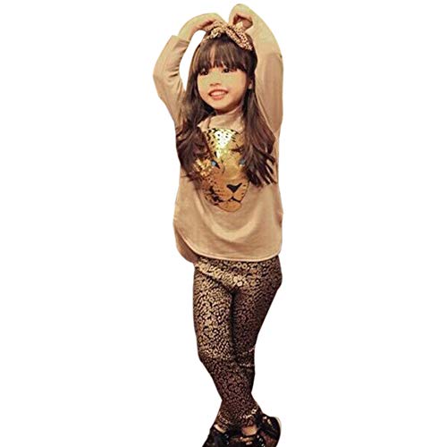 ggudd Mädchen Leopard Gedruckt Langarm T-Shirts und Leggings Hosen Bekleidungssets (Khaki,3-4 Jahre) von ggudd