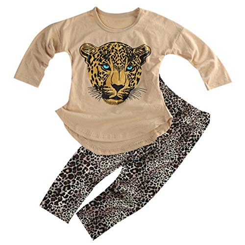 ggudd Mädchen Leopard Gedruckt Langarm T-shirts und Leggings Hosen Bekleidungssets (Khaki,5-6 Jahre) von ggudd