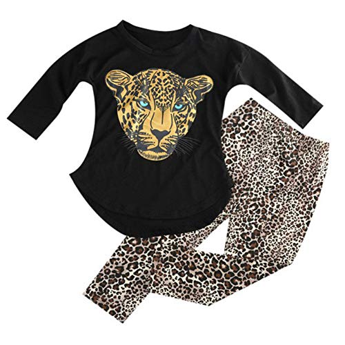 ggudd Mädchen Leopard Gedruckt Langarm T-shirts und Leggings Hosen Bekleidungssets (Schwarz,3-4 Jahre) von ggudd
