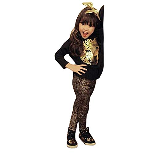 ggudd Mädchen Leopard Gedruckt Langarm T-Shirts und Leggings Hosen Bekleidungssets (Schwarz,5-6 Jahre) von ggudd