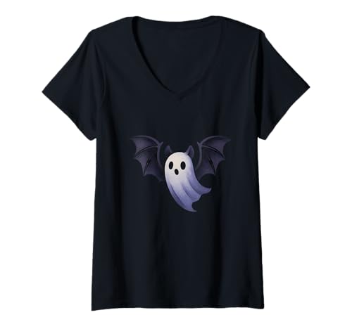 Damen Geist mit Fledermausflügeln T-Shirt mit V-Ausschnitt Damen Geist mit Fledermausflügeln T-Shirt mit V-Ausschnitt von ghost bat wings spooky night halloween halloween
