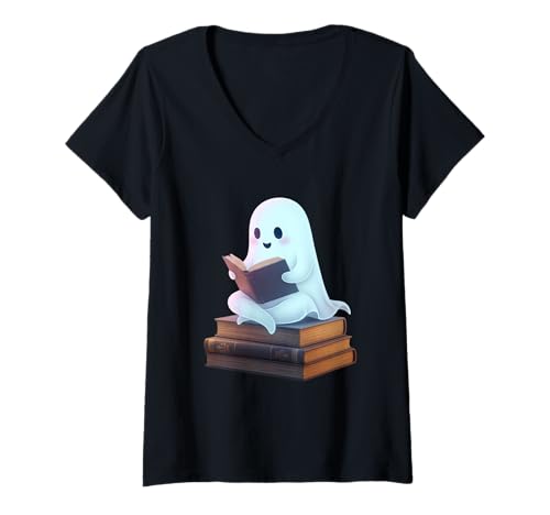 Damen Lesegeist auf Buchstapel T-Shirt mit V-Ausschnitt Damen Lesegeist auf Buchstapel T-Shirt mit V-Ausschnitt von ghost book reading library study halloween ghost