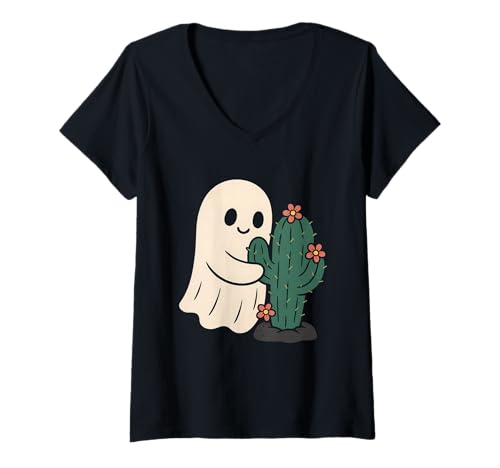 Damen Ghost Hugs Kaktus mit Blumen T-Shirt mit V-Ausschnitt Damen Ghost Hugs Kaktus mit Blumen T-Shirt mit V-Ausschnitt von ghost cactus flowers cute halloween halloween