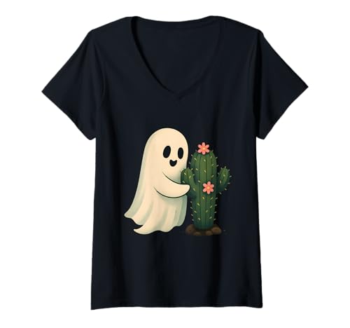 Damen Geist mit Kaktusblüten Halloween T-Shirt mit V-Ausschnitt von ghost cactus pink cute halloween halloween pumpkin