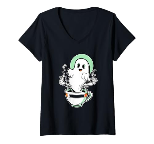 Damen Niedliche Geister-Kaffee-Dampfkunst T-Shirt mit V-Ausschnitt Damen Niedliche Geister-Kaffee-Dampfkunst T-Shirt mit V-Ausschnitt von ghost cafe art cute halloween coffee steam spooky
