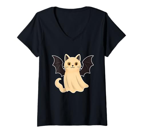 Damen Geisterkatze mit Fledermausflügeln T-Shirt mit V-Ausschnitt von ghost cat bat wings cute spooky feline halloween