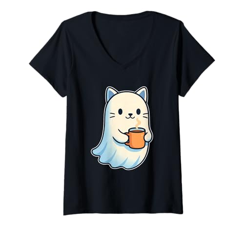 Damen Geisterkatze mit Kaffeetasse T-Shirt mit V-Ausschnitt Damen Geisterkatze mit Kaffeetasse T-Shirt mit V-Ausschnitt von ghost cat coffee cozy cute halloween halloween