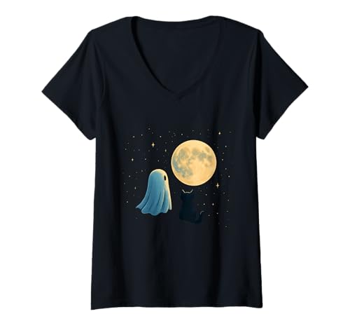 Damen Geist und Katze unter Vollmondnacht T-Shirt mit V-Ausschnitt Damen Geist und Katze unter Vollmondnacht T-Shirt mit V-Ausschnitt von ghost cat full moon stars halloween halloween