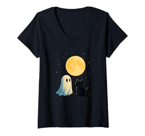 Damen Geist mit Katze vor Vollmond T-Shirt mit V-Ausschnitt Damen Geist mit Katze vor Vollmond T-Shirt mit V-Ausschnitt von ghost cat moon night halloween halloween pumpkin