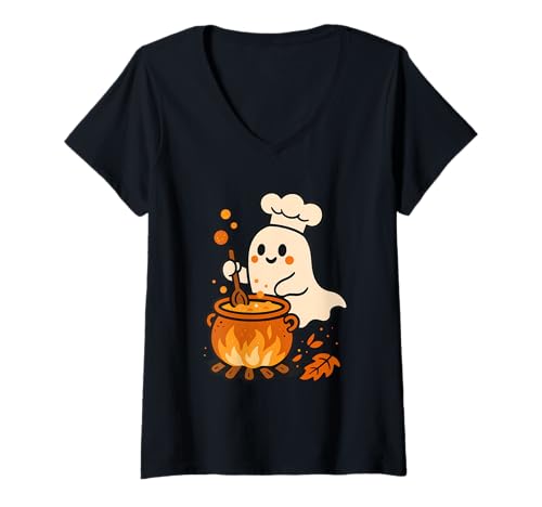 Damen Ghost Chef Rührkessel T-Shirt mit V-Ausschnitt von ghost chef cauldron cooking spooky halloween