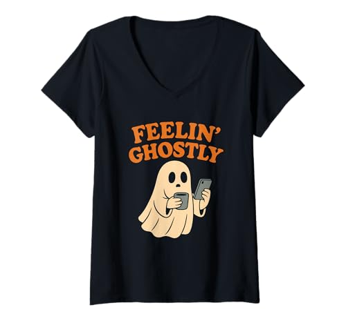 Damen Feeling Ghostly Coffee and Phone Ghost T-Shirt mit V-Ausschnitt Damen Feeling Ghostly Coffee and Phone Ghost T-Shirt mit V-Ausschnitt von ghost coffee phone cozy retro halloween ghost