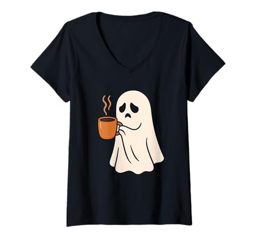 Damen Sleepy Ghost mit Kaffeebecher T-Shirt mit V-Ausschnitt Damen Sleepy Ghost mit Kaffeebecher T-Shirt mit V-Ausschnitt von ghost coffee sleepy morning caffeine haunted ghost