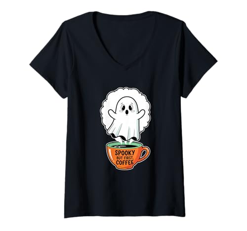 Damen Gruselige Aber erste Kaffeetasse Ghost T-Shirt mit V-Ausschnitt von ghost coffee spooky cup caffeine halloween boo