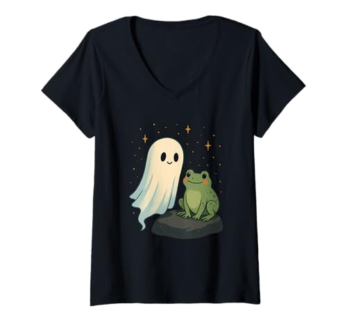 Damen Freundlicher Geist und Frosch Halloween T-Shirt mit V-Ausschnitt Damen Freundlicher Geist und Frosch Halloween T-Shirt mit V-Ausschnitt von ghost frog stars cute halloween halloween pumpkin