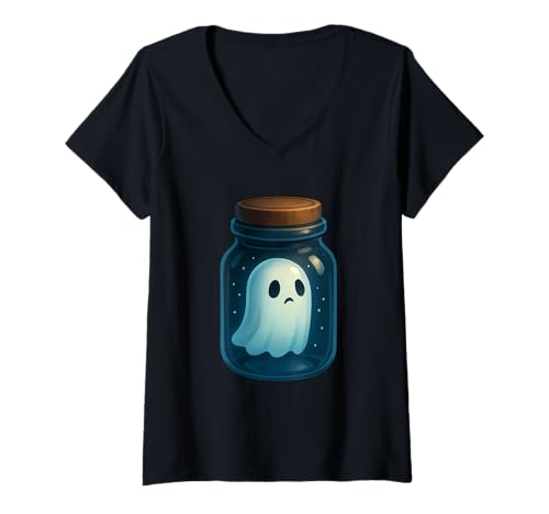 Damen Geist in der Glasnacht T-Shirt mit V-Ausschnitt Damen Geist in der Glasnacht T-Shirt mit V-Ausschnitt von ghost jar cute night halloween halloween pumpkin