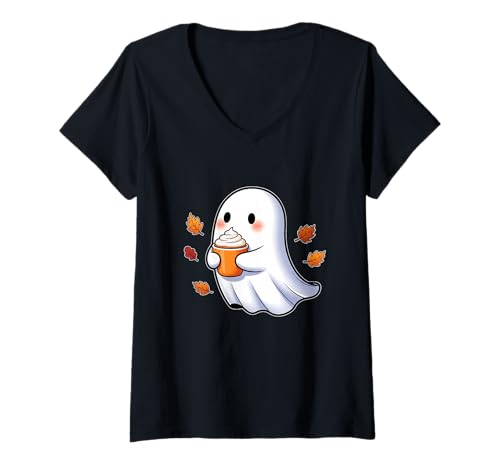 Damen Herbstgeist mit Latte-Tasse T-Shirt mit V-Ausschnitt Damen Herbstgeist mit Latte-Tasse T-Shirt mit V-Ausschnitt von ghost latte autumn leaves cozy haunted ghost