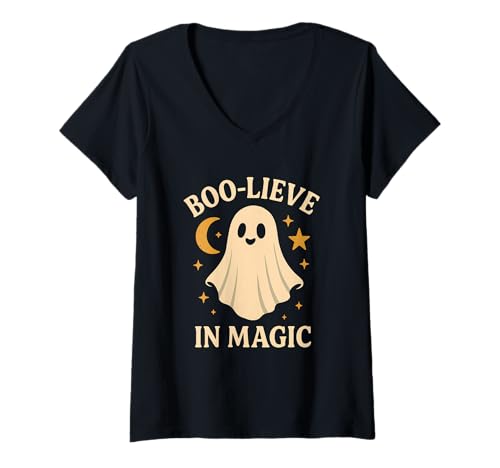 Damen Boo-Liebe in Magic Ghost T-Shirt mit V-Ausschnitt Damen Boo-Liebe in Magic Ghost T-Shirt mit V-Ausschnitt von ghost magic stars cute halloween halloween pumpkin