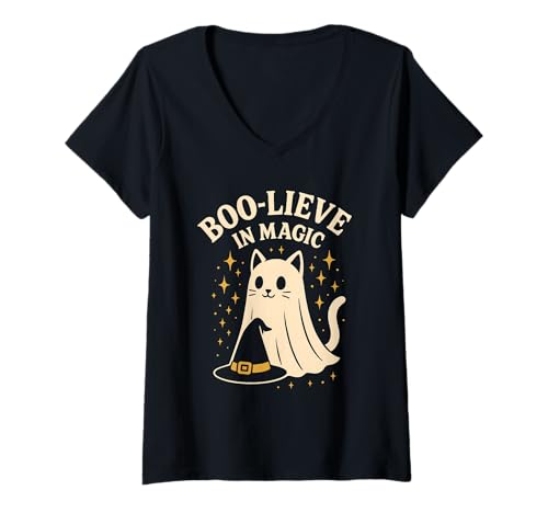 Damen Boo-Liebe in Magic Cat T-Shirt mit V-Ausschnitt Damen Boo-Liebe in Magic Cat T-Shirt mit V-Ausschnitt von ghost magic stars halloween halloween pumpkin cat
