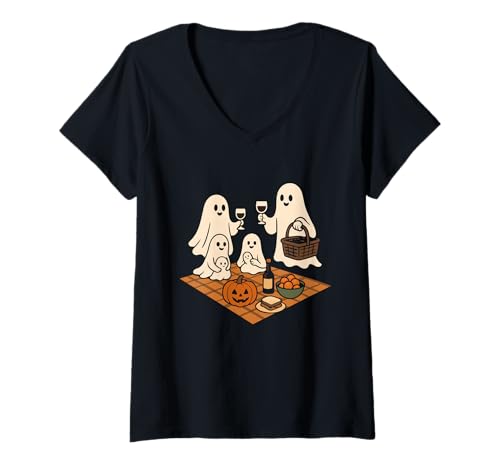 Damen Ghost Family Picknick Halloween T-Shirt mit V-Ausschnitt Damen Ghost Family Picknick Halloween T-Shirt mit V-Ausschnitt von ghost picnic family pumpkin halloween halloween