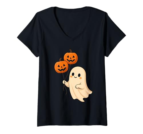 Damen Geist mit Kürbisballons T-Shirt mit V-Ausschnitt Damen Geist mit Kürbisballons T-Shirt mit V-Ausschnitt von ghost pumpkin balloons cute halloween halloween