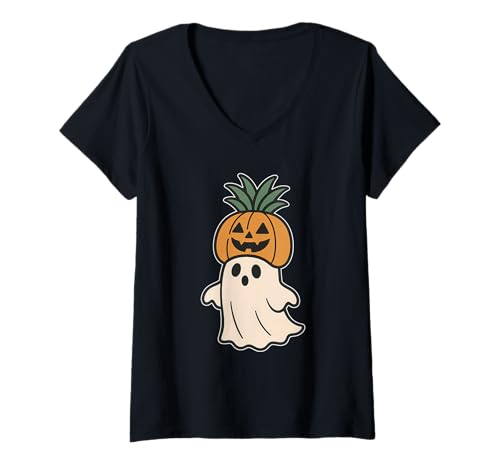 Damen Geist mit Kürbiskrone T-Shirt mit V-Ausschnitt Damen Geist mit Kürbiskrone T-Shirt mit V-Ausschnitt von ghost pumpkin crown cute autumn halloween pumpkin